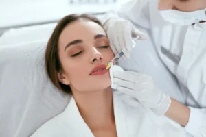 A woman receives a lip injection from a medical professional wearing gloves and a mask, highlighting the procedure and factors influencing lip filler cost.