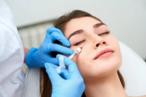 A woman receiving an under-eye filler injection from a professional wearing blue gloves, helping to reduce hollows and rejuvenate her appearance. Learn how long under eye filler lasts and what factors influence its longevity.