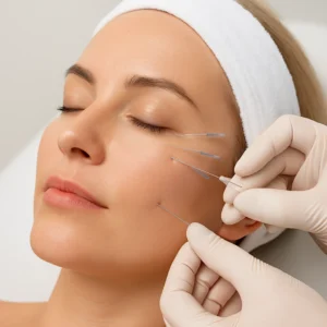 Aesthetic professional performing thread lifts around eyes and upper cheek area on a relaxed female patient, showcasing the precision and effectiveness of this non-surgical skin tightening treatment designed to smooth fine lines, reduce sagging, and restore youthful contour near the eyes.