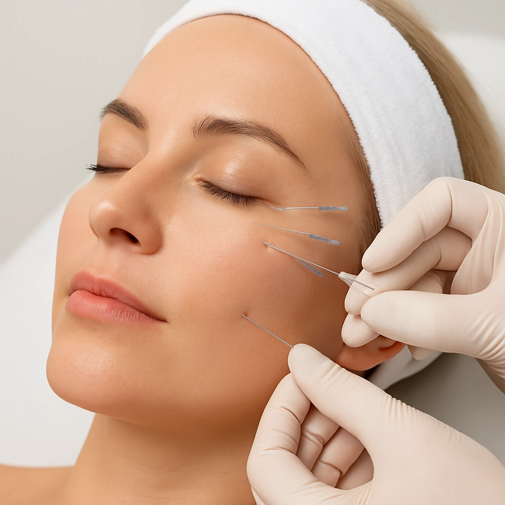 Aesthetic professional performing thread lifts around eyes and upper cheek area on a relaxed female patient, showcasing the precision and effectiveness of this non-surgical skin tightening treatment designed to smooth fine lines, reduce sagging, and restore youthful contour near the eyes.